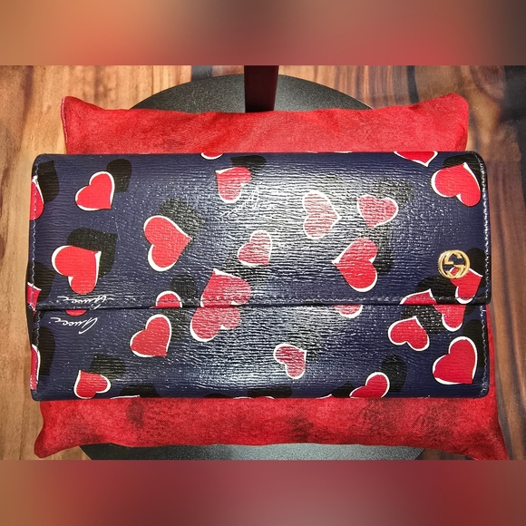 Gucci Handbags - Gucci Navy Blue Wallet with Red Heart Print and Gold Logo